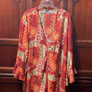 Maggie Barnes Vibrant Red, Cream, brown and Orange Patterned size 32W duster